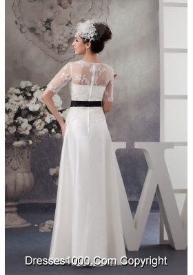 Half-sleeve Column White Wedding Dresses with Black Handmade Flower