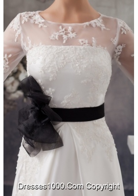 Half-sleeve Column White Wedding Dresses with Black Handmade Flower