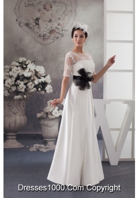 Half-sleeve Column White Wedding Dresses with Black Handmade Flower