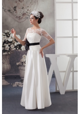 Half-sleeve Column White Wedding Dresses with Black Handmade Flower