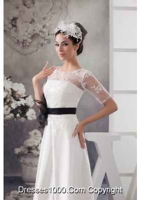 Half-sleeve Column White Wedding Dresses with Black Handmade Flower