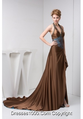 Halter Beaded Brown Prom Holiday Dress with Court Train