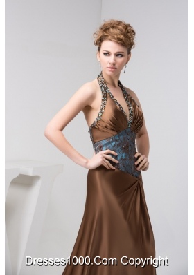 Halter Beaded Brown Prom Holiday Dress with Court Train