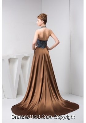 Halter Beaded Brown Prom Holiday Dress with Court Train