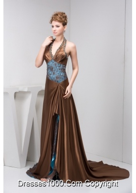 Halter Beaded Brown Prom Holiday Dress with Court Train