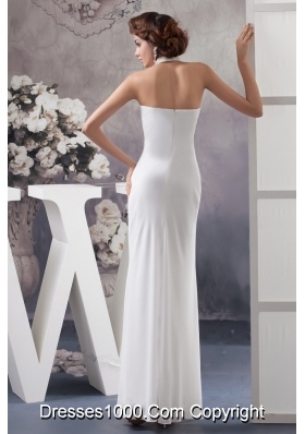 Halter V-neck White Chiffon Wedding Dress with Beading and Ankle-length