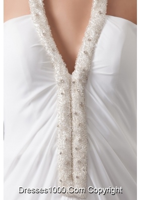 Halter V-neck White Chiffon Wedding Dress with Beading and Ankle-length