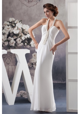 Halter V-neck White Chiffon Wedding Dress with Beading and Ankle-length