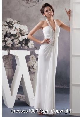 Halter V-neck White Chiffon Wedding Dress with Beading and Ankle-length