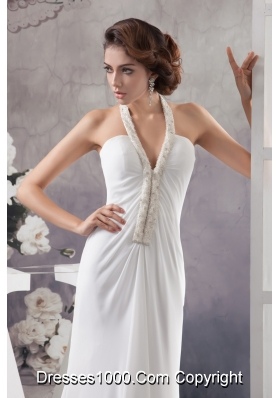 Halter V-neck White Chiffon Wedding Dress with Beading and Ankle-length