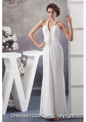 Halter V-neck White Chiffon Wedding Dress with Beading and Ankle-length