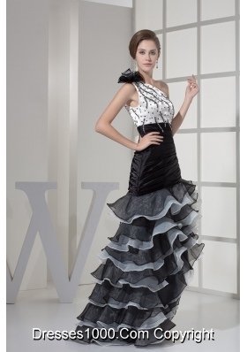 High Low One Shoulder Prom Dresses with Flower Beading and Ruffled Layers