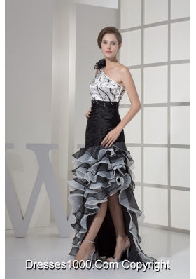 High Low One Shoulder Prom Dresses with Flower Beading and Ruffled Layers