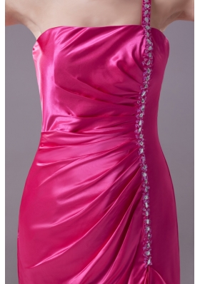 Hot Pink One Shoulder High-low Prom Gowns with Beading and Ruching