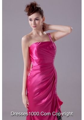 Hot Pink One Shoulder High-low Prom Gowns with Beading and Ruching