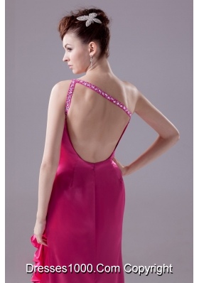 Hot Pink One Shoulder High-low Prom Gowns with Beading and Ruching