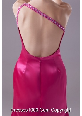 Hot Pink One Shoulder High-low Prom Gowns with Beading and Ruching