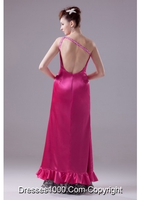 Hot Pink One Shoulder High-low Prom Gowns with Beading and Ruching