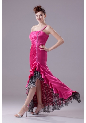 Hot Pink One Shoulder High-low Prom Gowns with Beading and Ruching