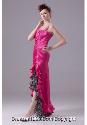 Hot Pink One Shoulder High-low Prom Gowns with Beading and Ruching