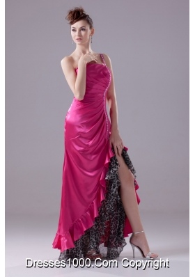 Hot Pink One Shoulder High-low Prom Gowns with Beading and Ruching