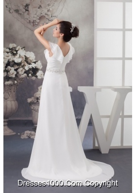 Latest Sweep Train V-neck Beaded Ruched  White Wedding Dress