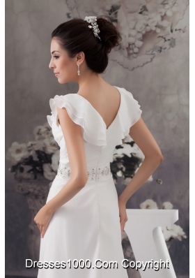 Latest Sweep Train V-neck Beaded Ruched  White Wedding Dress