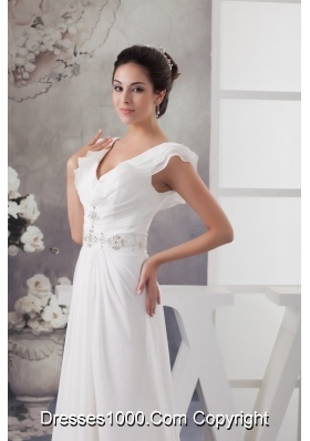 Latest Sweep Train V-neck Beaded Ruched  White Wedding Dress