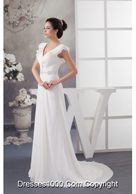 Latest Sweep Train V-neck Beaded Ruched  White Wedding Dress