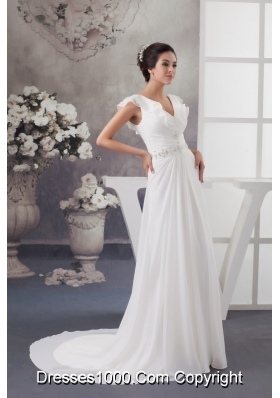 Latest Sweep Train V-neck Beaded Ruched  White Wedding Dress