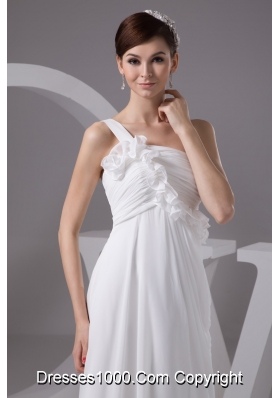 One Shoulder Floor-length Wedding Dresses with Ruches and Flowers