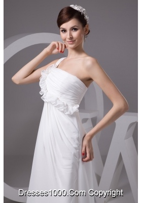 One Shoulder Floor-length Wedding Dresses with Ruches and Flowers