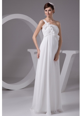 One Shoulder Floor-length Wedding Dresses with Ruches and Flowers