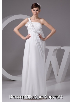 One Shoulder Floor-length Wedding Dresses with Ruches and Flowers