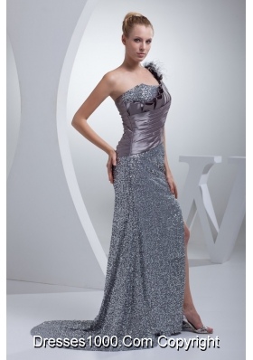 One Shoulder High Slit Sequins Over Skirt Silver Prom Evening Dress