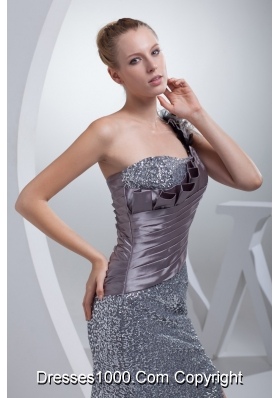 One Shoulder High Slit Sequins Over Skirt Silver Prom Evening Dress