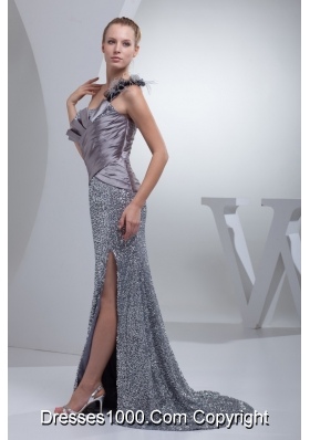 One Shoulder High Slit Sequins Over Skirt Silver Prom Evening Dress