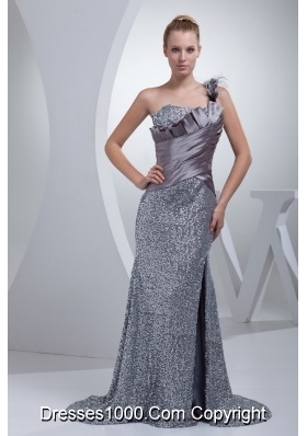 One Shoulder High Slit Sequins Over Skirt Silver Prom Evening Dress