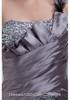 One Shoulder High Slit Sequins Over Skirt Silver Prom Evening Dress