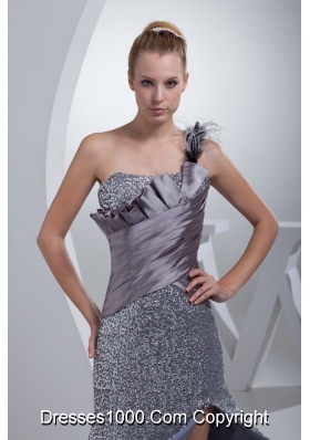 One Shoulder High Slit Sequins Over Skirt Silver Prom Evening Dress