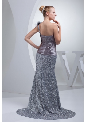 One Shoulder High Slit Sequins Over Skirt Silver Prom Evening Dress