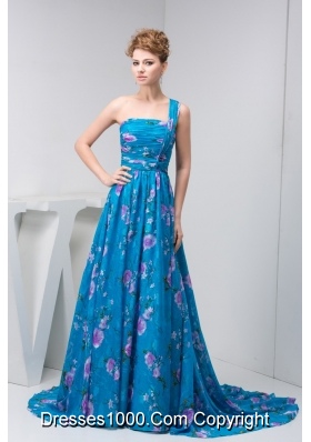 One Shoulder Ruched Prom Holiday Dress with Colorful Print