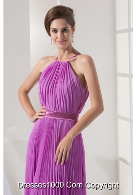 Pleating Decorated Halter Top Ankle-length  Prom Dresses with Sash