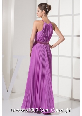 Pleating Decorated Halter Top Ankle-length  Prom Dresses with Sash