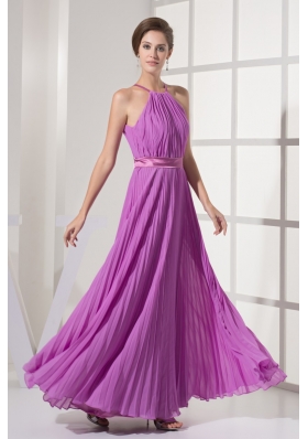 Pleating Decorated Halter Top Ankle-length  Prom Dresses with Sash