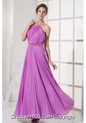 Pleating Decorated Halter Top Ankle-length  Prom Dresses with Sash