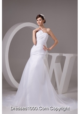 Popular One Shoulder Ruched Court Train Wedding Dresses in White