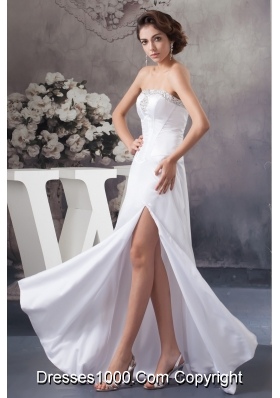 Popular Strapless Floor-length Bridal Gowns with Beading and High Slit