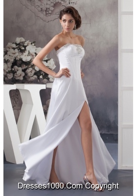 Popular Strapless Floor-length Bridal Gowns with Beading and High Slit