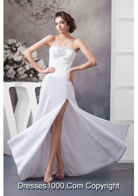 Popular Strapless Floor-length Bridal Gowns with Beading and High Slit